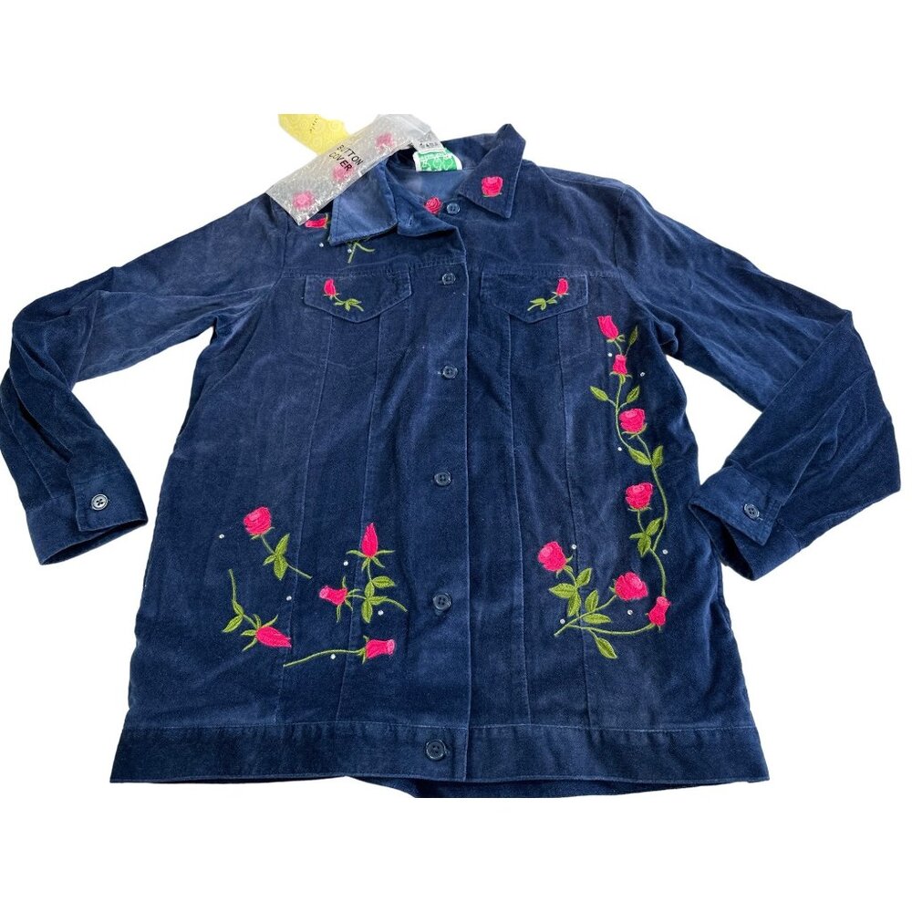 Vintage Quacker Factory Womens S Blue Velvet Jacket Rose Embroidered Sparkle QVC